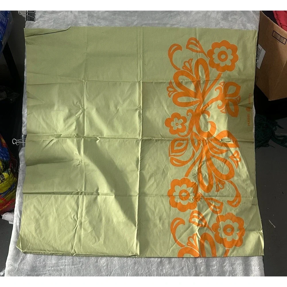Vintage Maori Tahiti Fabric Panel Orange Floral Design Green 70